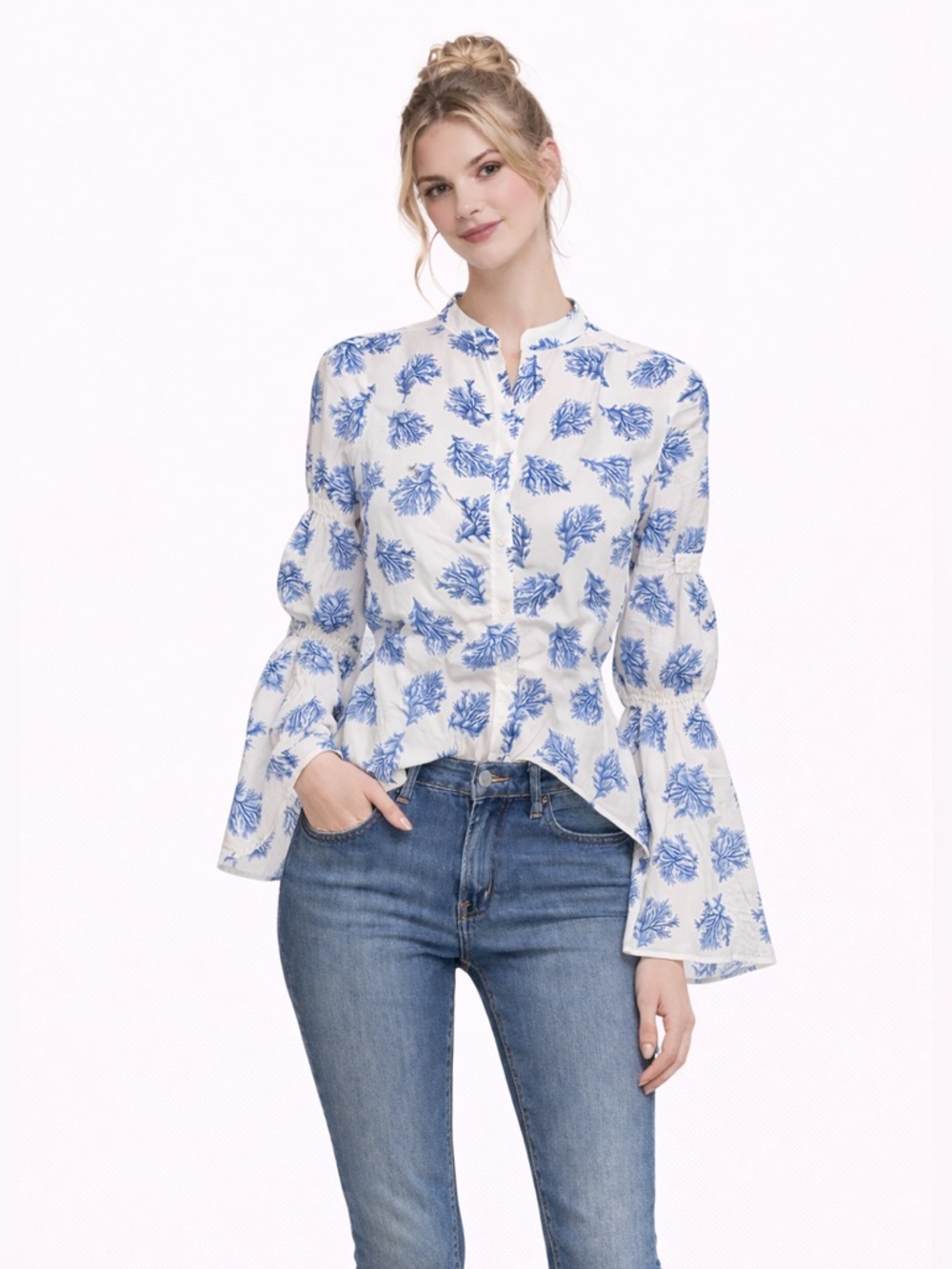 NWT Michael Kors Coral Ruffle Bell Sleeve Boho Blouse Womens XS White Blue
